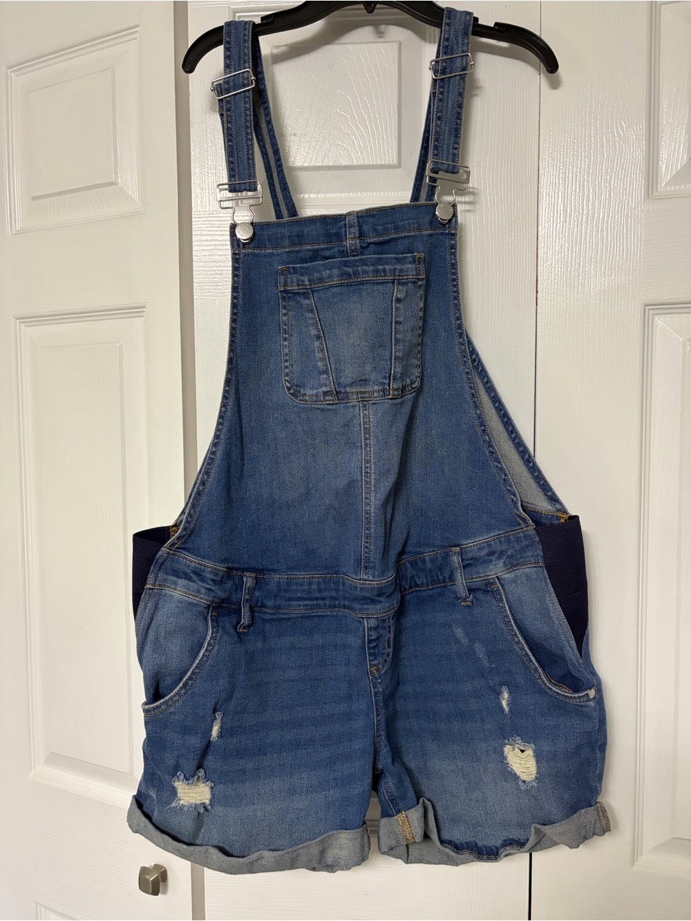 Indigo Blue Maternity Distressed Denim Short Overalls